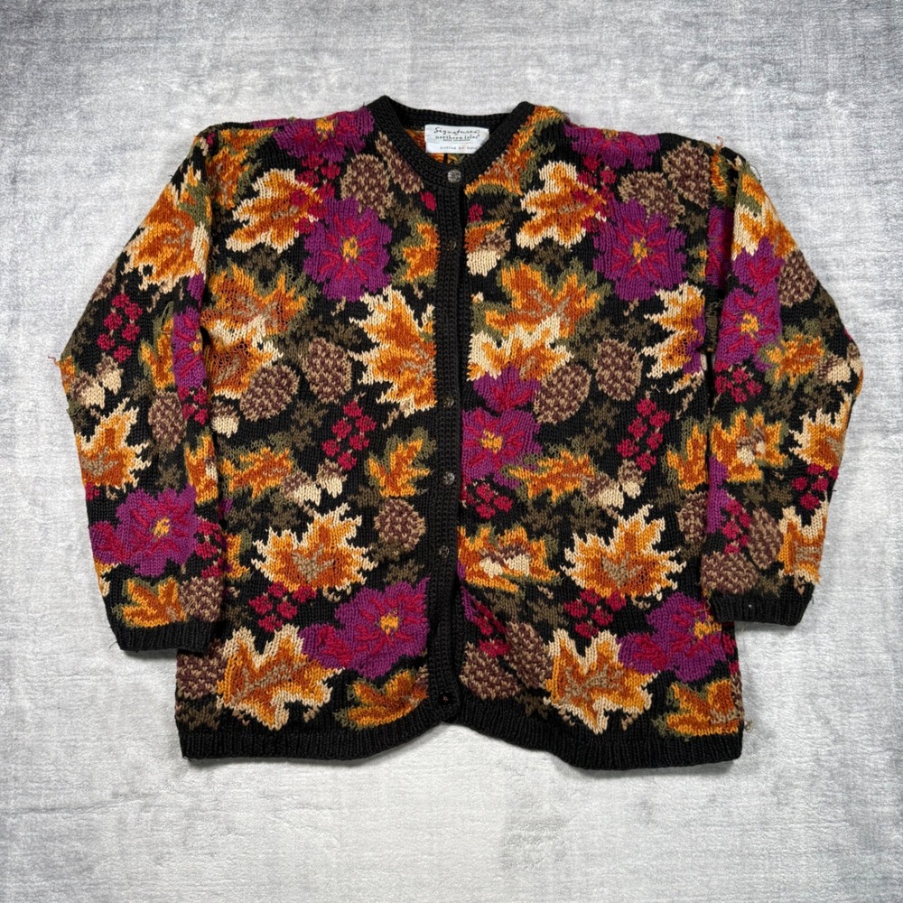 Signatures Northern Isles Sweater Womens Large Hand Knit Cardigan Leaf Floral